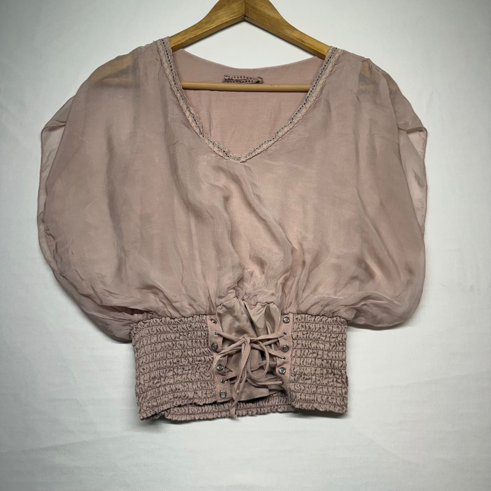 Pura Seta Silk Corset Top Butterfly Sleeve Lace Up Blouse Boho Romantic